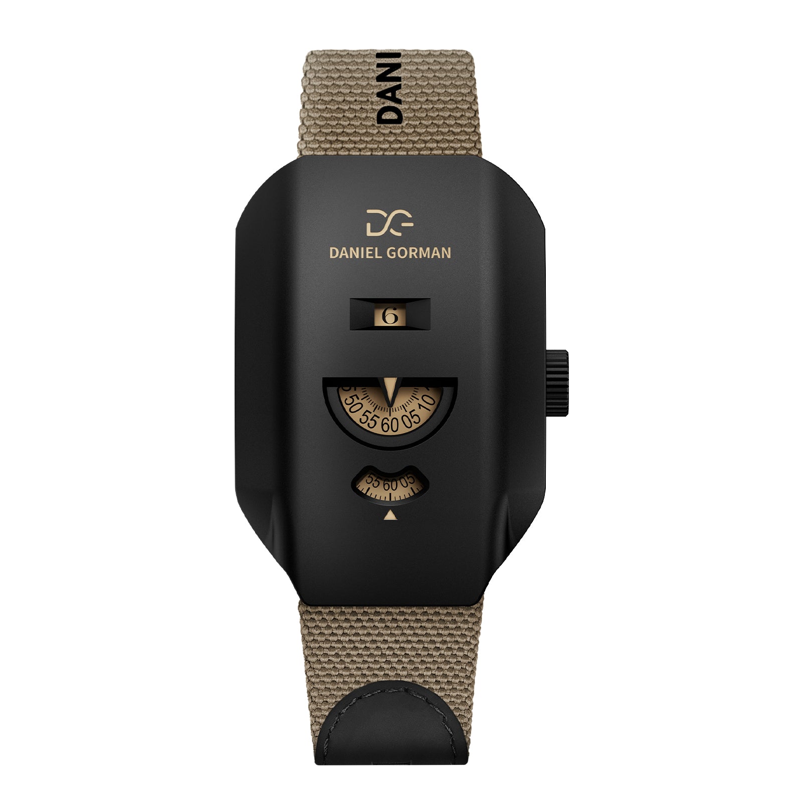 Daniel Gorman Walkie-Talkies 003 mechanical watch featuring a black dial and brown strap, front view.