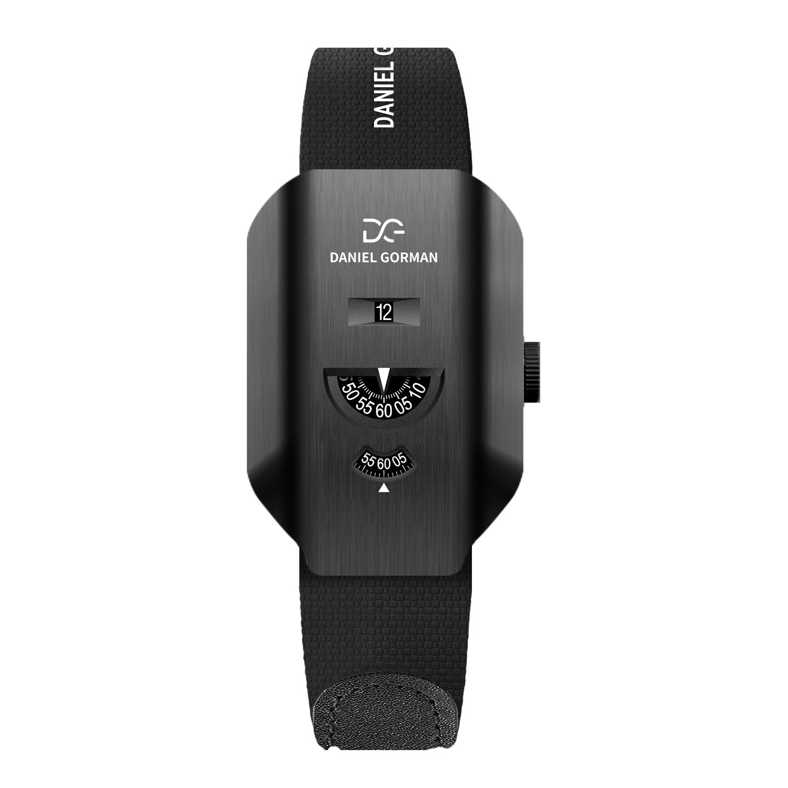 Daniel Gorman Walkie-Talkies 004 mechanical watch featuring an all black design, front view.