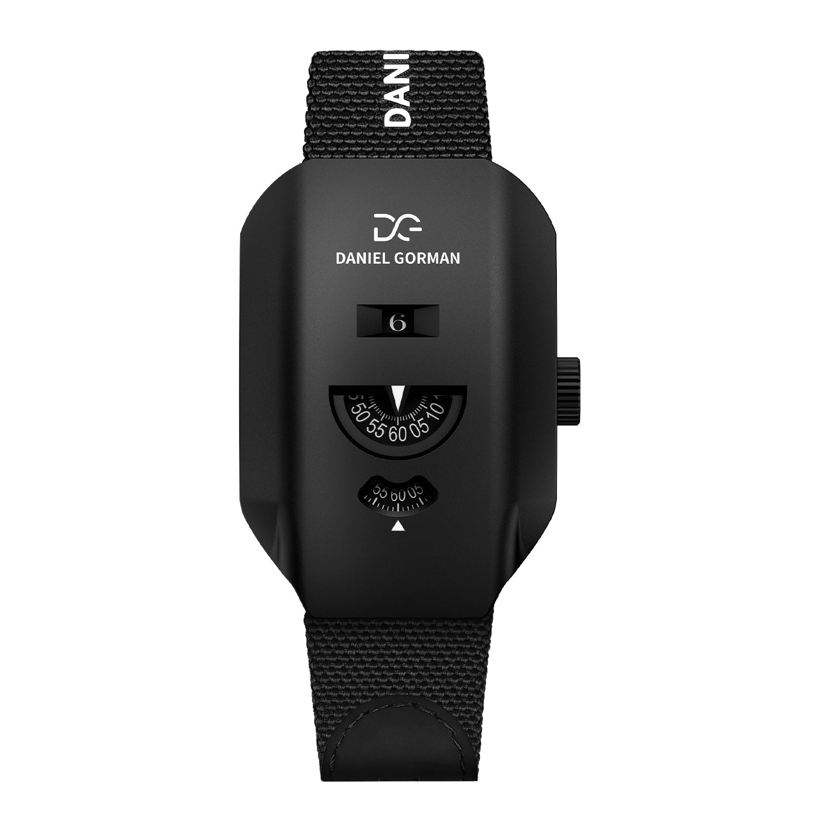Daniel Gorman Walkie-Talkies 004 mechanical watch featuring an all black design, front view.