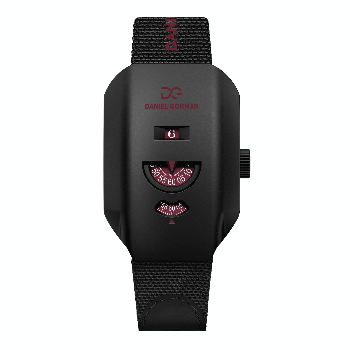 Daniel Gorman Walkie-Talkies Burgundy Royale mechanical watch featuring a black dial and black strap, front view.