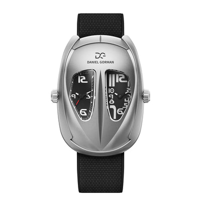 Daniel Gorman After Work 001 dual time quartz watch featuring a black dial, silver case and black strap, front view.