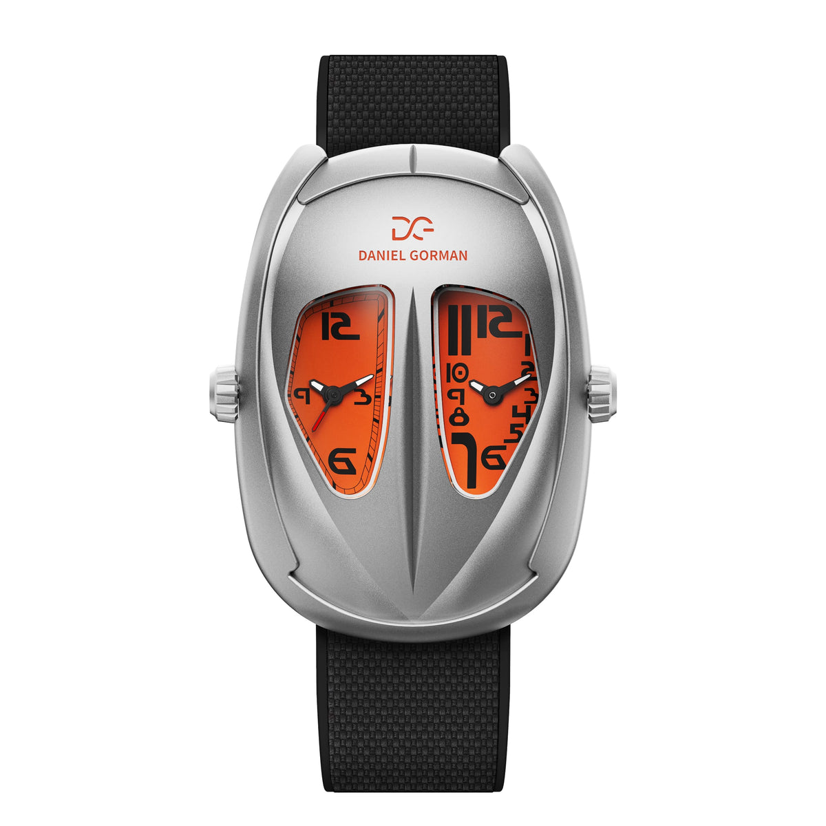 Daniel Gorman After Work 002 dual time quartz watch featuring an orange dial, silver case and black strap, front view.