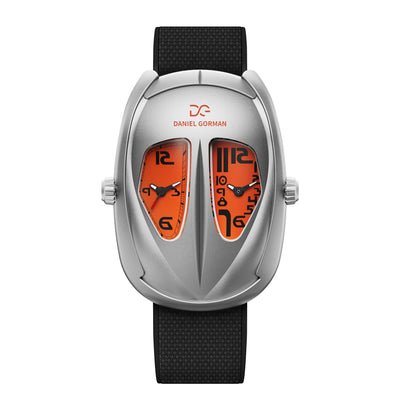 Daniel Gorman After Work 002 dual time quartz watch featuring an orange dial, silver case and black strap, front view.