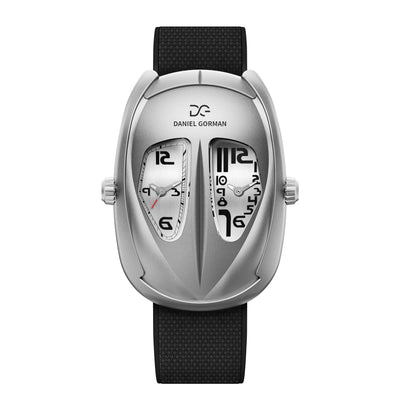 Daniel Gorman After Work 003 dual time quartz watch featuring a silver dial, silver case and black strap, front view.
