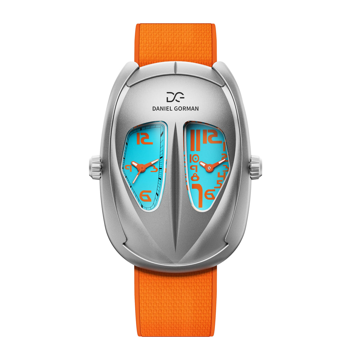 Daniel Gorman After Work 004 dual time quartz watch featuring a blue dial, silver case and orange strap, front view.