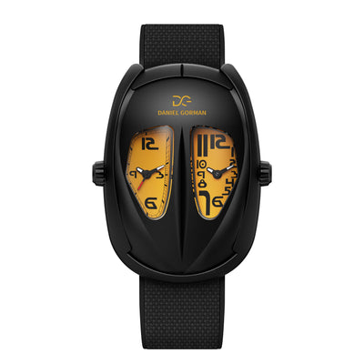 Daniel Gorman After Work 005 dual time quartz watch featuring a yellow dial, black case and black strap, front view.