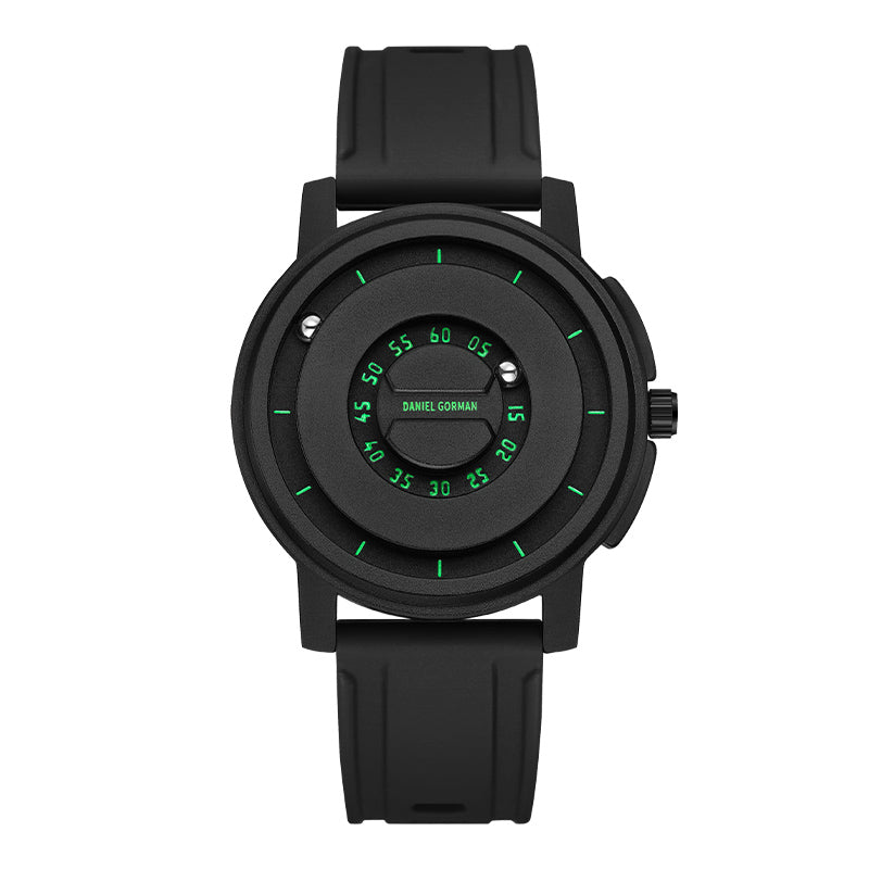 Daniel Gorman Dual Sphere Magnetic Open Dial watch front view featuring a futuristic dual sphere design and open dial structure.