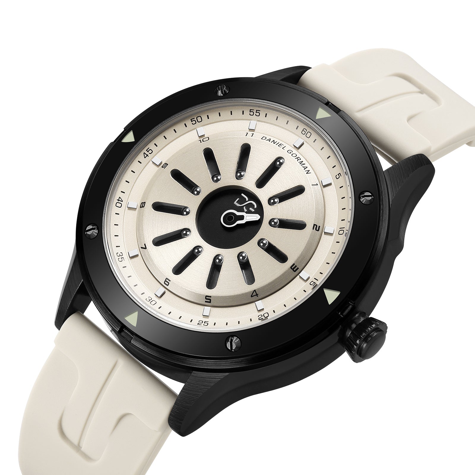 Close-up of Daniel Gorman radial steel ball watch dial showing magnetic steel ball used as the hour indicator for time display.