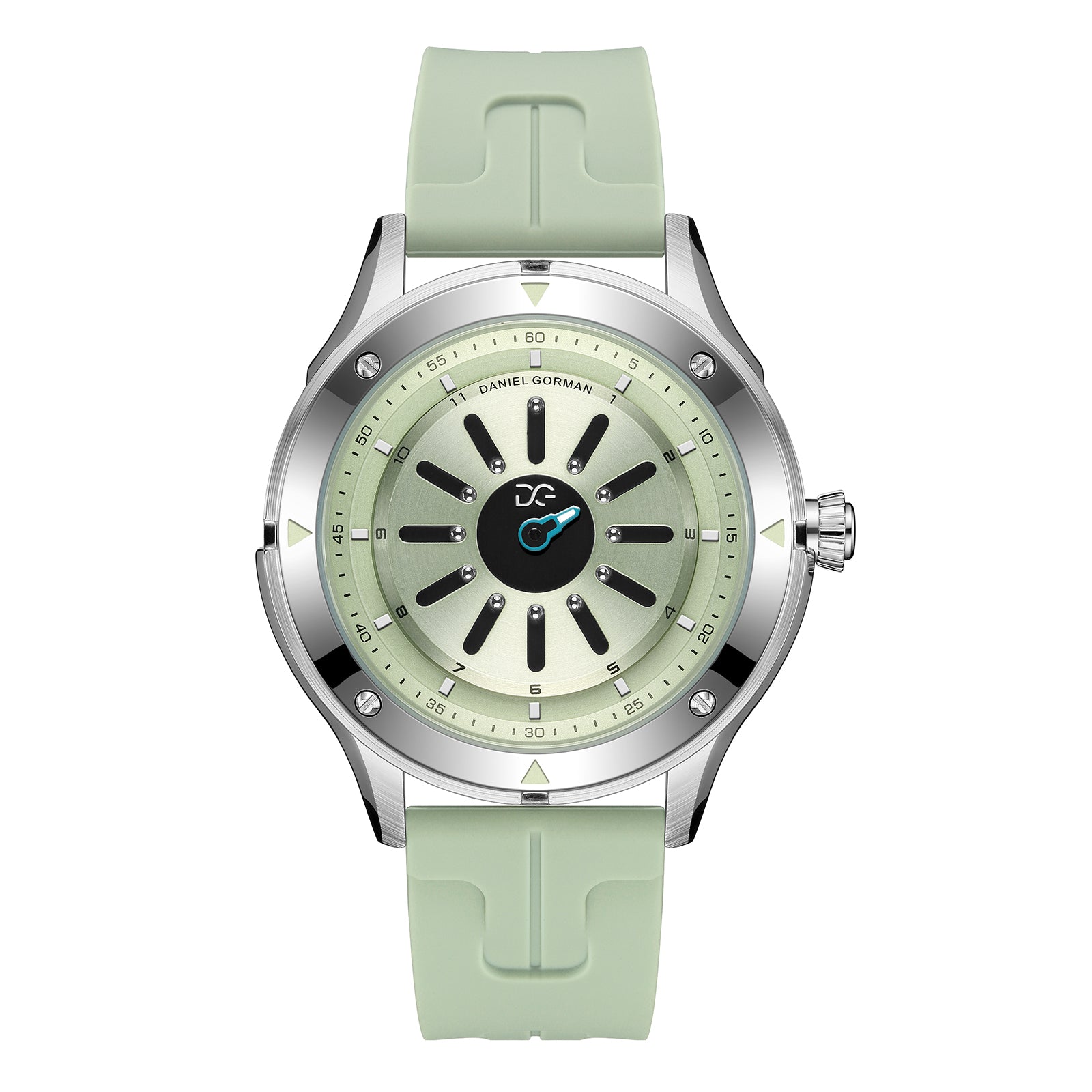 Daniel Gorman radial magnetic steel ball watch front view featuring an innovative time display using a steel ball as the hour indicator.