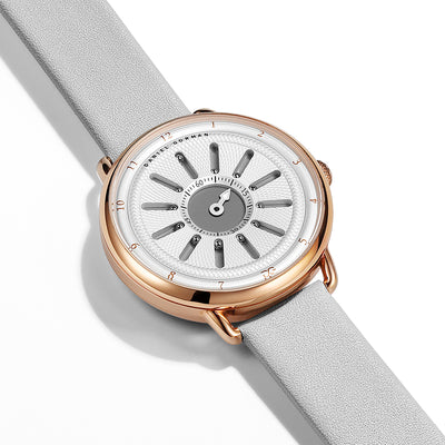 Angled view of Daniel Gorman DG0121.HS Gravity Series white watch, highlighting its clean geometric design and minimalist aesthetic.