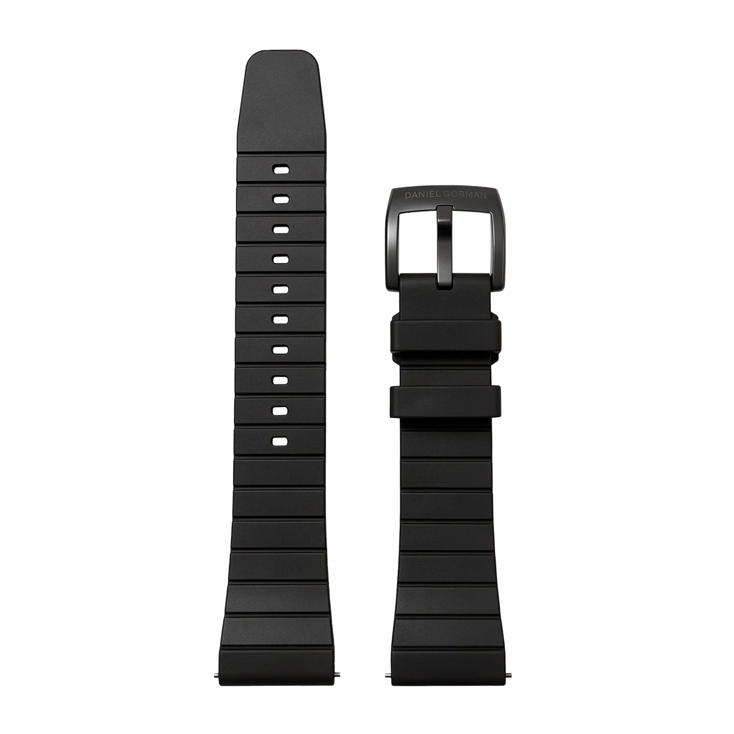Black interchangeable watch strap for Daniel Gorman DG0131, showcasing a modular design for easy customization.