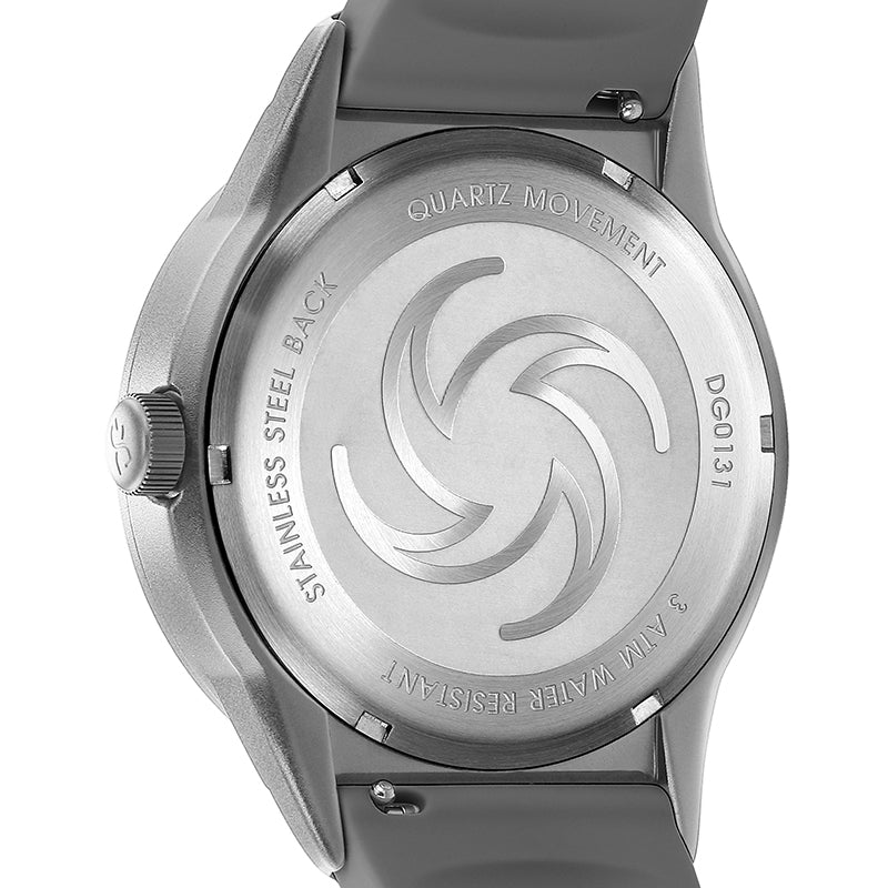 Case back view of Daniel Gorman Galaxy Quartz Gravity watch showcasing precision craftsmanship and structural detailing.