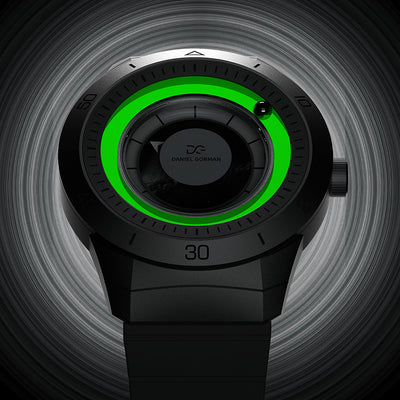 Daniel Gorman Sparkling Galaxy 2077 watch glowing in a starry night effect, showcasing cosmic luminous design and futuristic aesthetics.