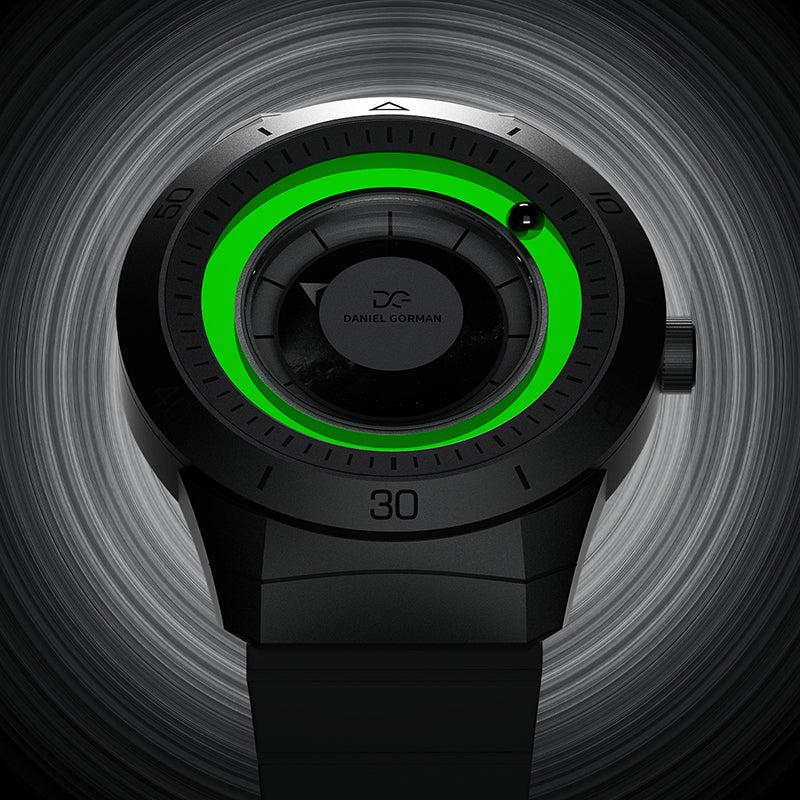 Daniel Gorman Sparkling Galaxy 2077 watch glowing in a starry night effect, showcasing cosmic luminous design and futuristic aesthetics.