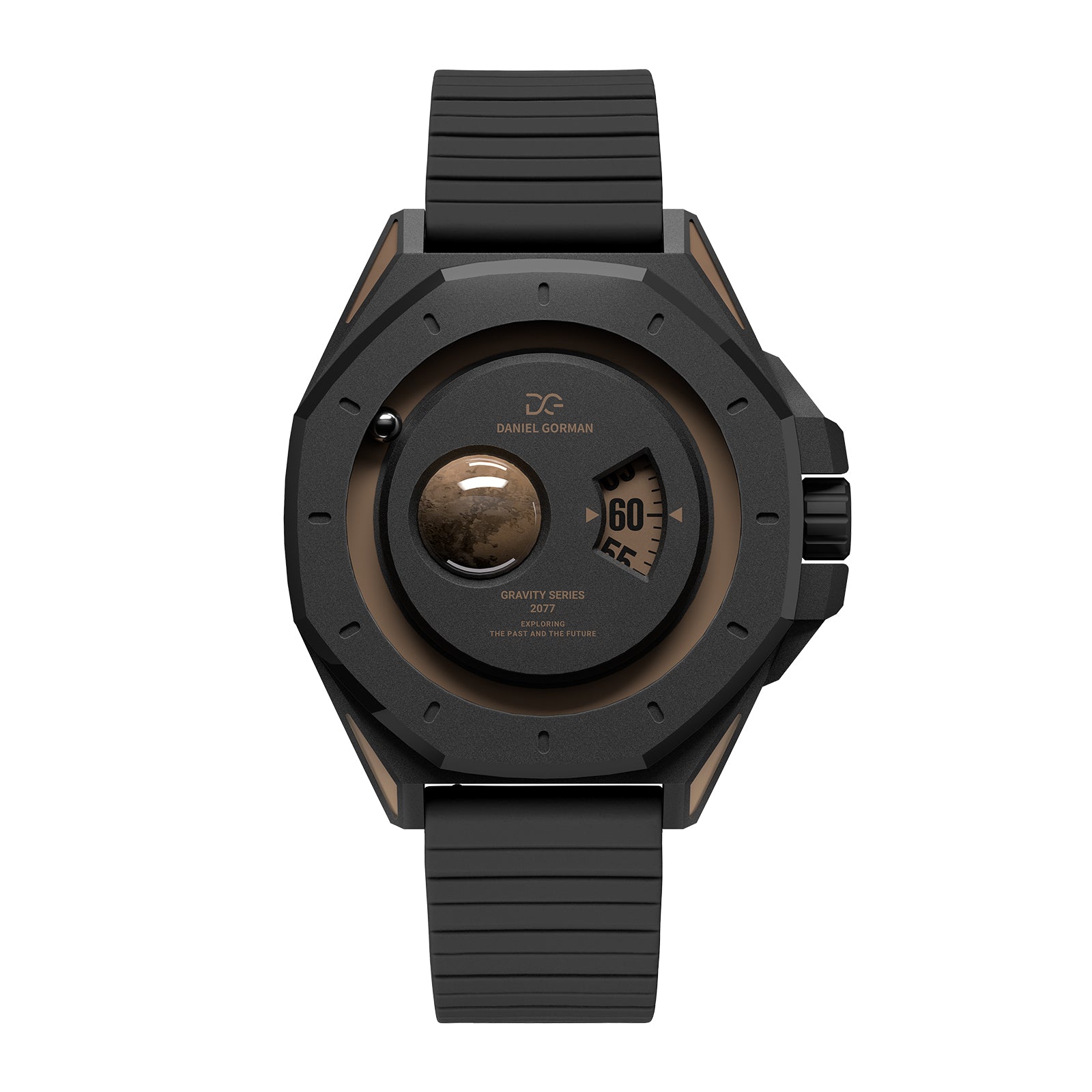 Daniel Gorman Pluto brown retro-futuristic watch front view featuring sci-fi inspired design and precision craftsmanship.