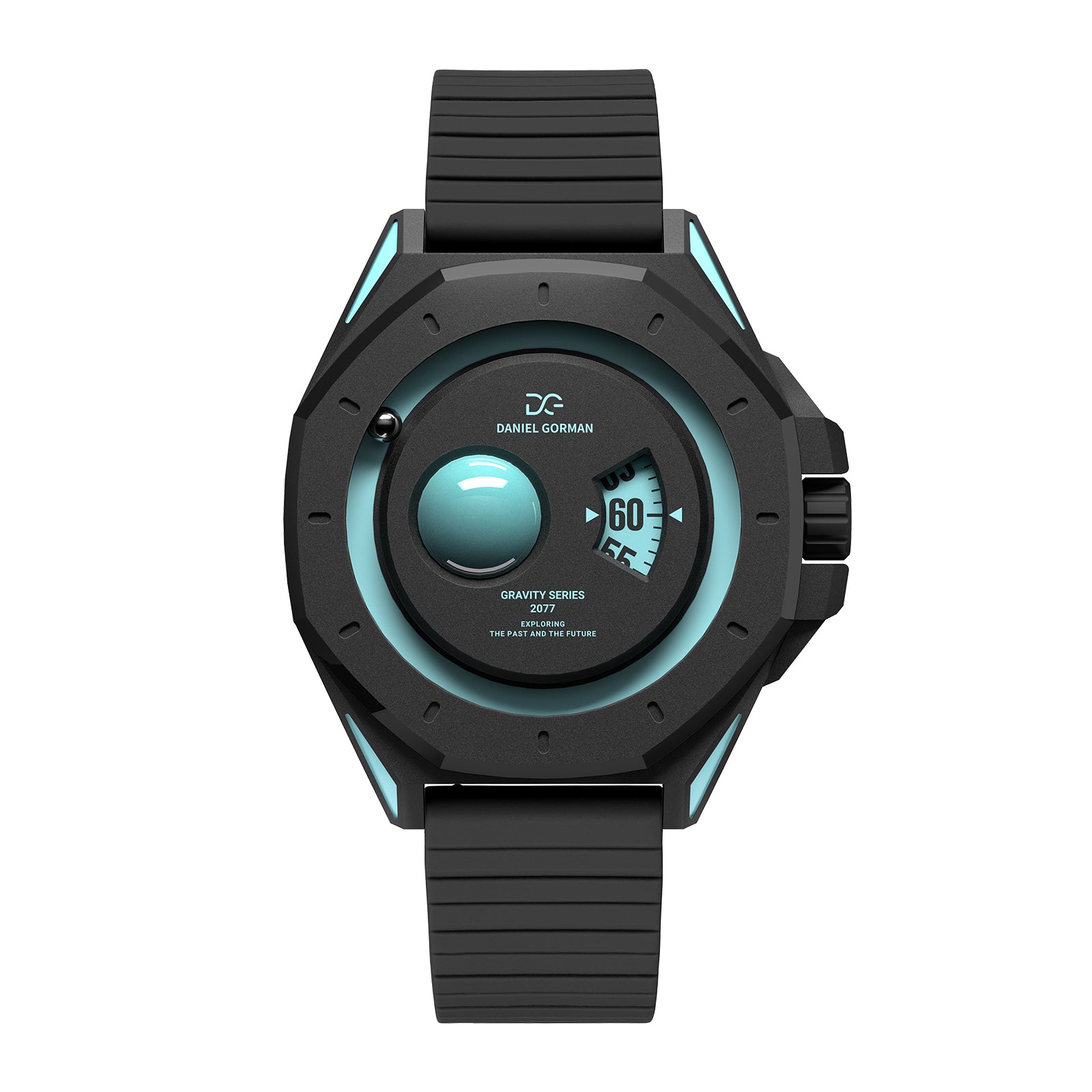 Daniel Gorman uranus blue retro-futuristic watch front view featuring sci-fi inspired design and precision craftsmanship.