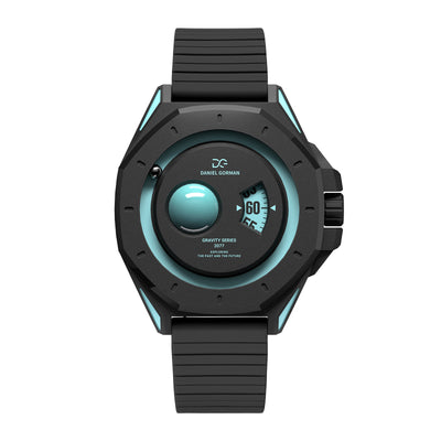 Daniel Gorman uranus blue retro-futuristic watch front view featuring sci-fi inspired design and precision craftsmanship.