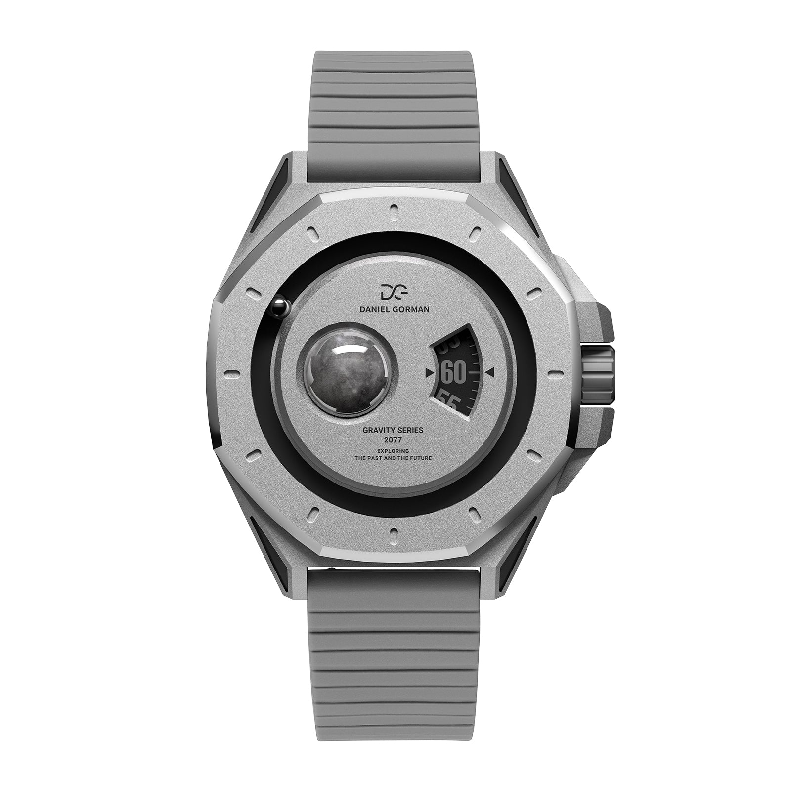 Daniel Gorman Mercury silver retro-futuristic watch front view featuring sci-fi inspired design and precision craftsmanship.