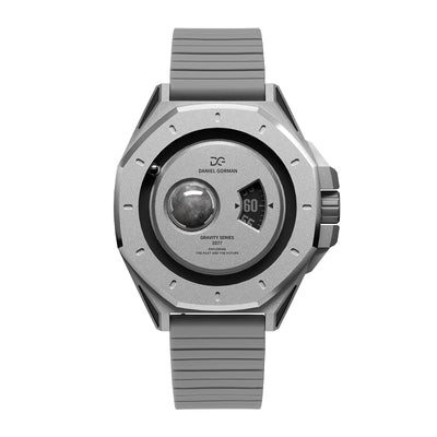 Daniel Gorman Mercury silver retro-futuristic watch front view featuring sci-fi inspired design and precision craftsmanship.