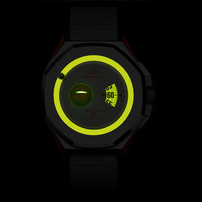 Daniel Gorman Mars red watch glowing in the dark, highlighting luminous hands and futuristic space-inspired functionality.