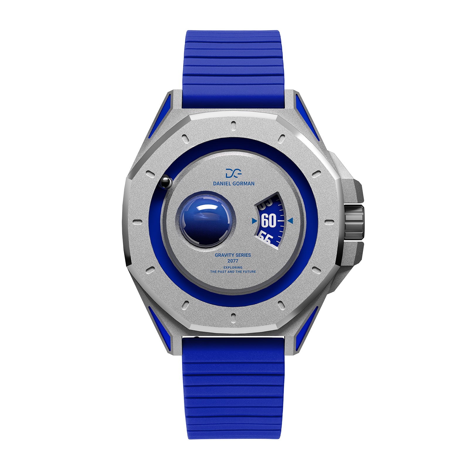Daniel Gorman Neptune blue retro-futuristic watch front view featuring sci-fi inspired design and precision craftsmanship.