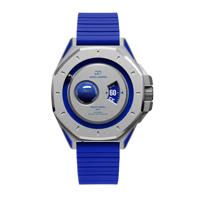 Daniel Gorman Neptune blue retro-futuristic watch front view featuring sci-fi inspired design and precision craftsmanship.