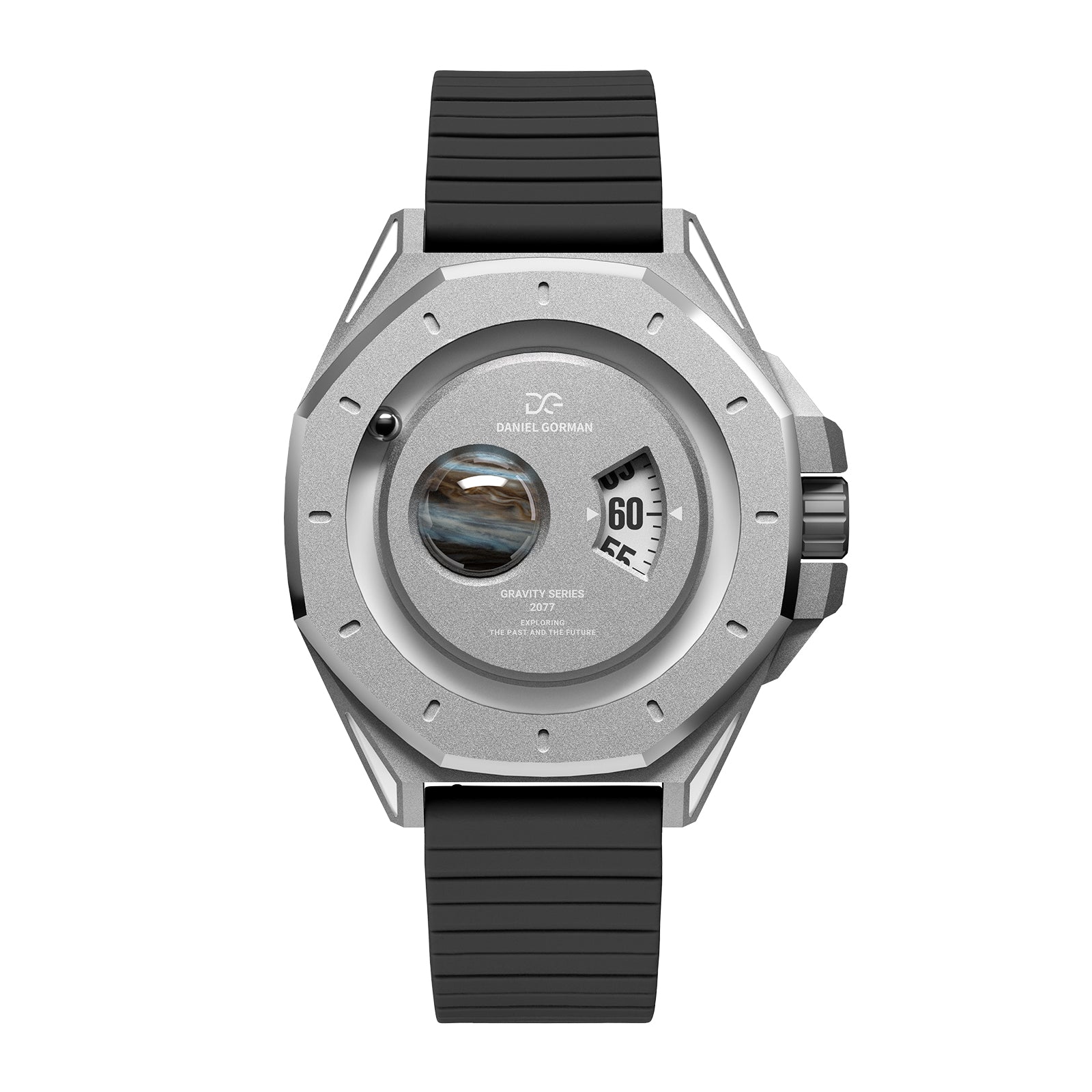 Daniel Gorman Jupiter silver retro-futuristic watch front view featuring sci-fi inspired design and precision craftsmanship.