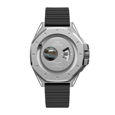 Daniel Gorman Jupiter silver retro-futuristic watch front view featuring sci-fi inspired design and precision craftsmanship.