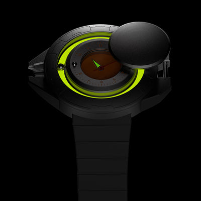 Daniel Gorman Explorer Airship Quartz Gravity 2077 watch in open state, glowing in the dark with luminous dial and showcasing its 360° sliding case design.