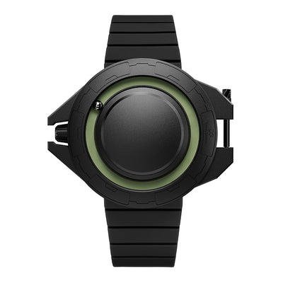 Daniel Gorman Explorer Airship Quartz Gravity 2077 watch in closed state, featuring a 360° sliding case design with futuristic industrial aesthetics.