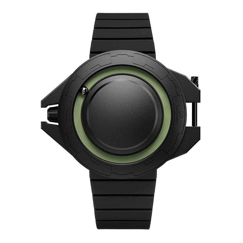 Daniel Gorman Explorer Airship Quartz Gravity 2077 watch in closed state, featuring a 360° sliding case design with futuristic industrial aesthetics.