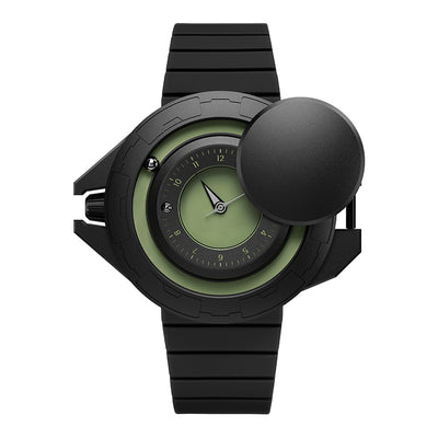 Daniel Gorman Explorer Airship Quartz Gravity 2077 watch in open state, revealing its 360° sliding case mechanism and futuristic exposed dial design.