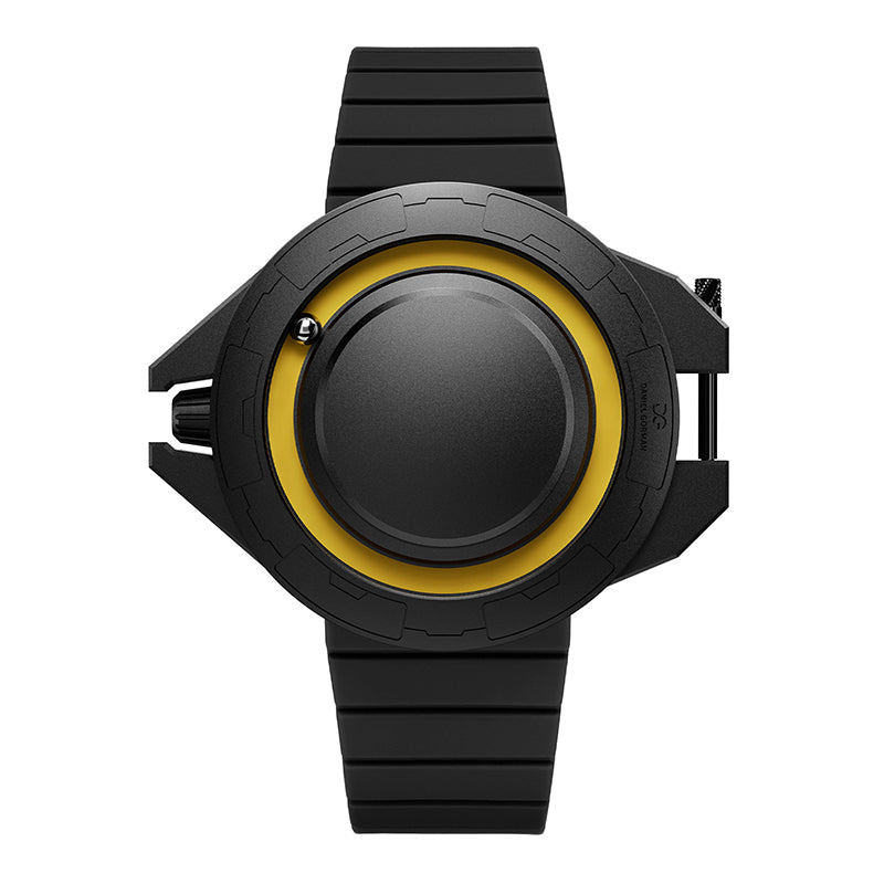 Daniel Gorman Explorer Airship Quartz Gravity 2077 watch in closed state, featuring a 360° sliding case design with futuristic industrial aesthetics.