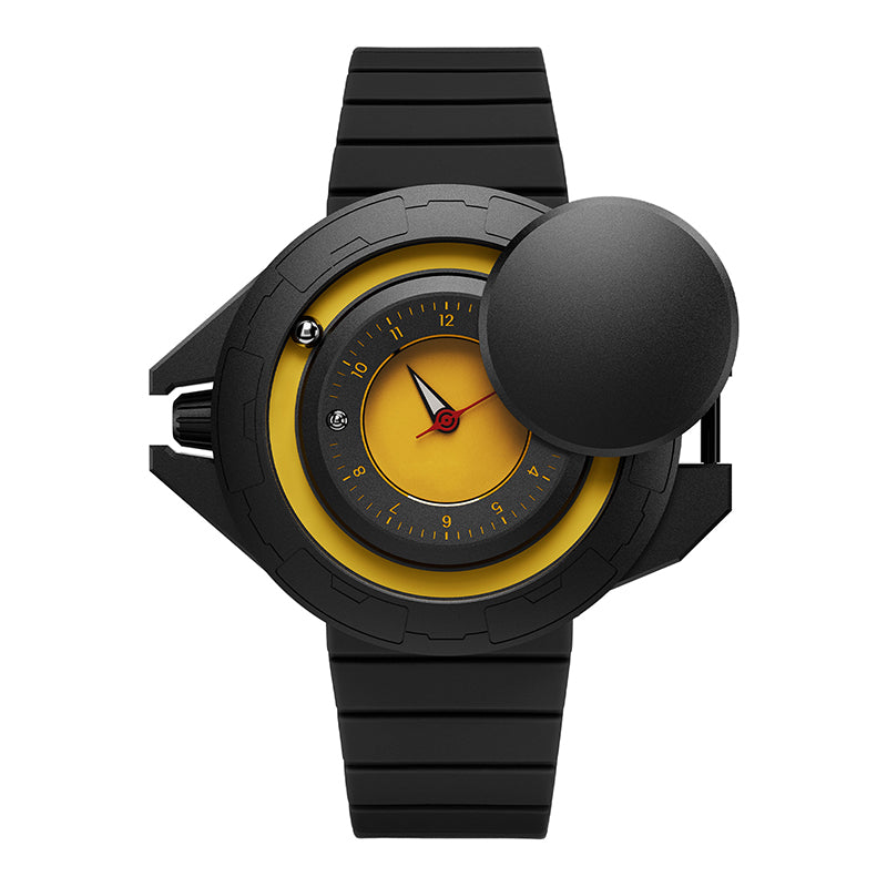 Daniel Gorman Explorer Airship Quartz Gravity 2077 watch in open state, revealing its 360° sliding case mechanism and futuristic exposed dial design.