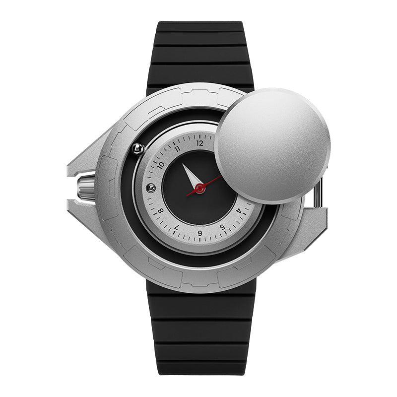 Daniel Gorman Explorer Airship Quartz Gravity 2077 watch in open state, revealing its 360° sliding case mechanism and futuristic exposed dial design.