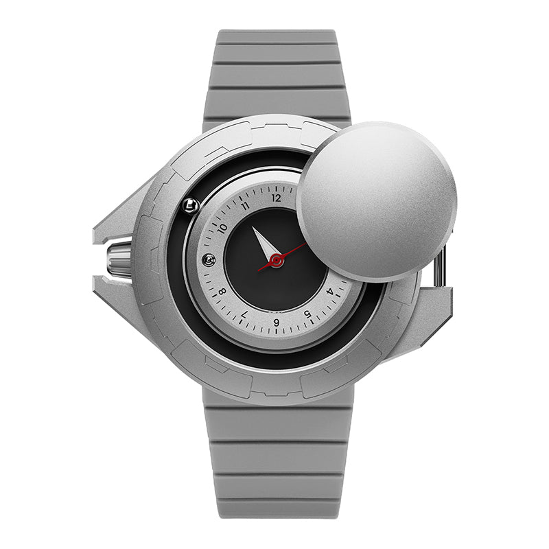 Daniel Gorman Explorer Airship Quartz Gravity 2077 watch in open state, revealing its 360° sliding case mechanism and futuristic exposed dial design.