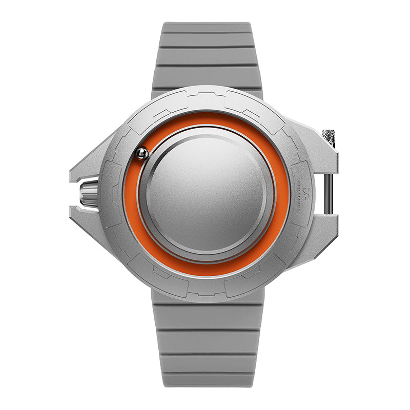 Daniel Gorman Explorer Airship Quartz Gravity 2077 watch in closed state, featuring a 360° sliding case design with futuristic industrial aesthetics.