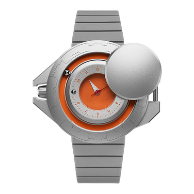 Daniel Gorman Explorer Airship Quartz Gravity 2077 watch in open state, revealing its 360° sliding case mechanism and futuristic exposed dial design.
