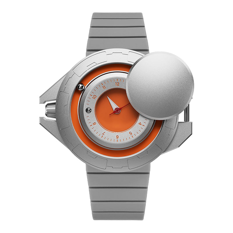 Daniel Gorman Explorer Airship Quartz Gravity 2077 watch in open state, revealing its 360° sliding case mechanism and futuristic exposed dial design.