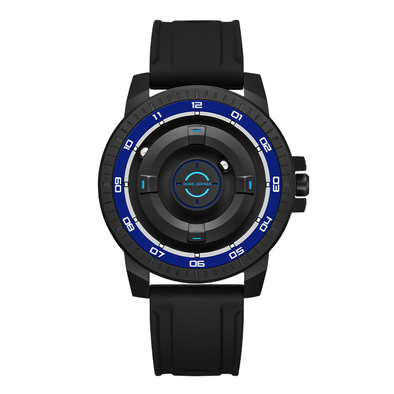 Daniel Gorman Dual Sphere Magnetic Open Dial watch front view featuring a futuristic dual sphere design and open dial structure.
