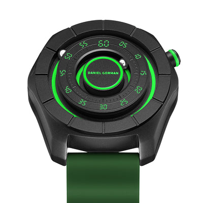 Daniel Gorman dual sphere magnetic watch with open dial design, featuring a futuristic aesthetic and available in multiple color variations.