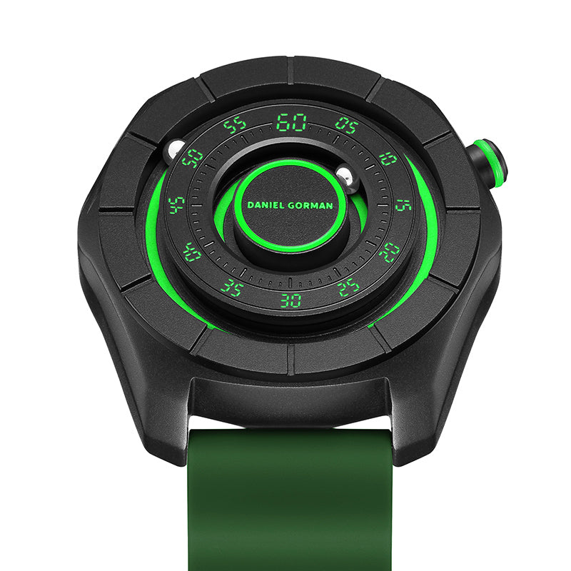 Daniel Gorman dual sphere magnetic watch with open dial design, featuring a futuristic aesthetic and available in multiple color variations.