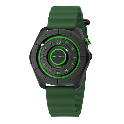 Daniel Gorman dual sphere magnetic watch with open dial design, featuring a futuristic aesthetic and available in multiple color variations.