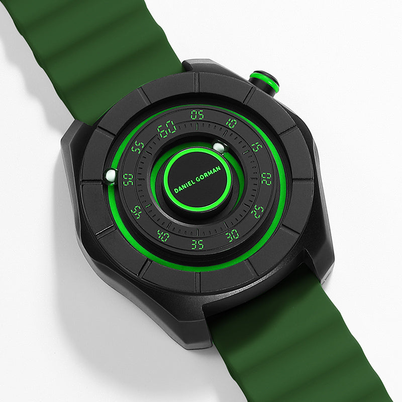 Daniel Gorman dual sphere magnetic watch with open dial design, featuring a futuristic aesthetic and available in multiple color variations.