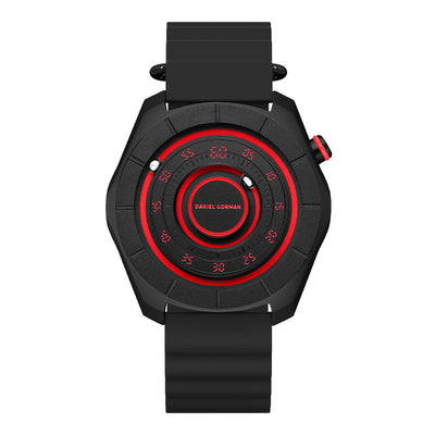 Daniel Gorman dual sphere magnetic watch with open dial design, featuring a futuristic aesthetic and available in multiple color variations.