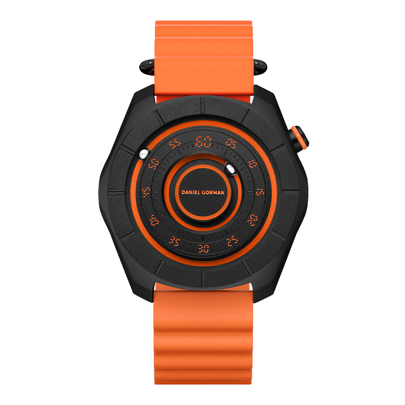 Daniel Gorman dual sphere magnetic watch with open dial design, featuring a futuristic aesthetic and available in multiple color variations.