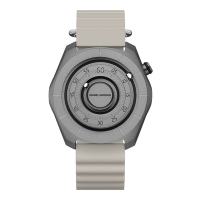 Daniel Gorman dual sphere magnetic watch with open dial design, featuring a futuristic aesthetic and available in multiple color variations.
