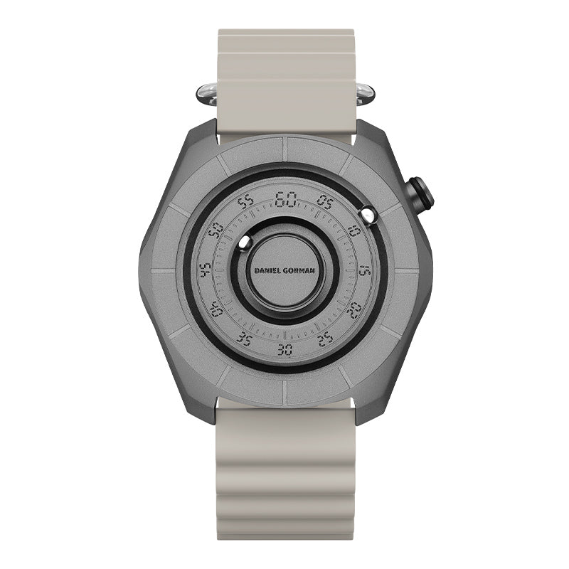 Daniel Gorman dual sphere magnetic watch with open dial design, featuring a futuristic aesthetic and available in multiple color variations.