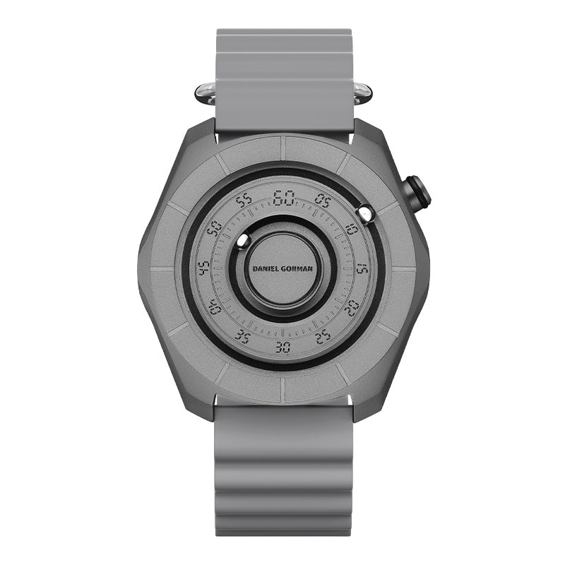 Daniel Gorman dual sphere magnetic watch with open dial design, featuring a futuristic aesthetic and available in multiple color variations.