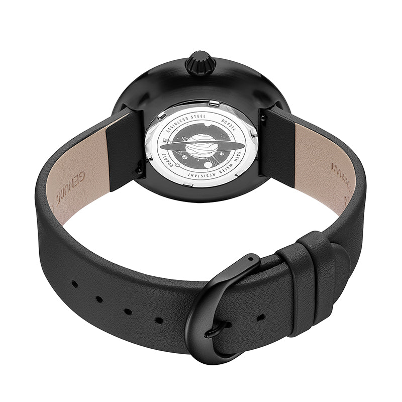 Daniel Gorman Mars red retro-futuristic cow leather strap watch front view featuring sci-fi inspired design and precision craftsmanship.